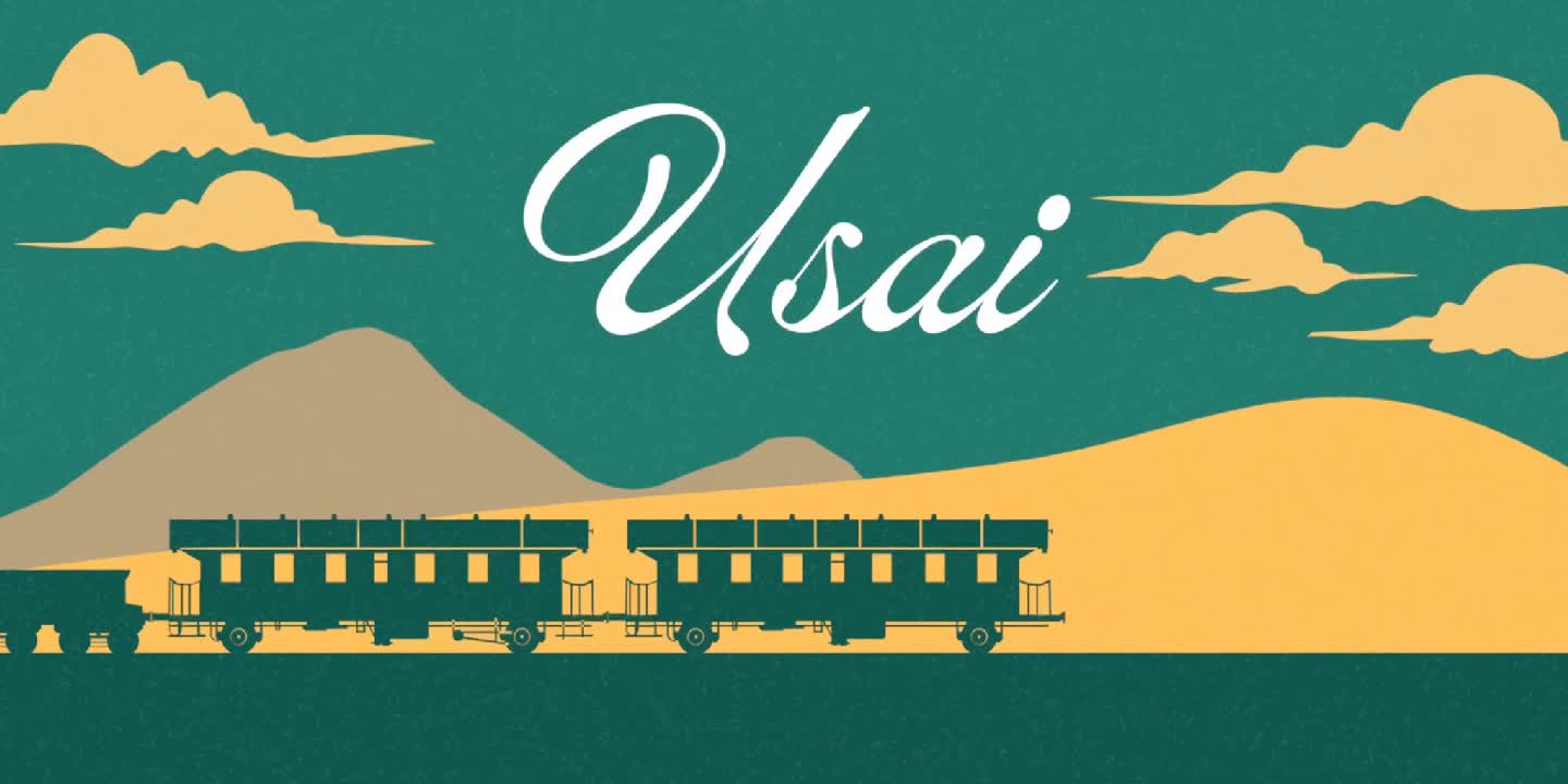 Lyric visual for “Usai” by Traffic Jam — train crossing a teal and cream mountain landscape