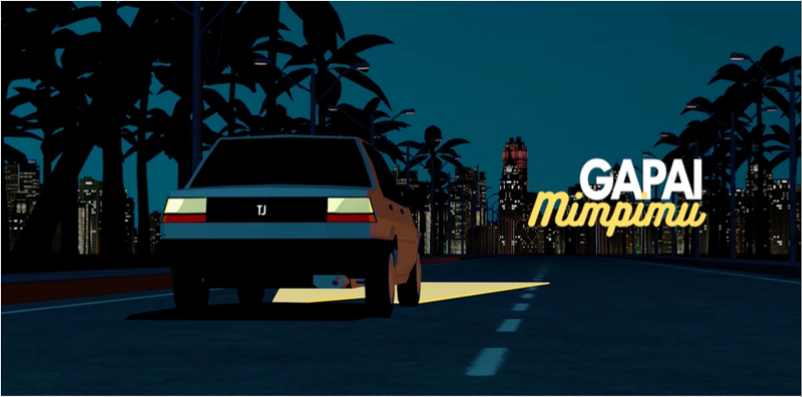 Lyric visual for “Hai, Apa Kabar?” by Traffic Jam — car on a night street with neon typography